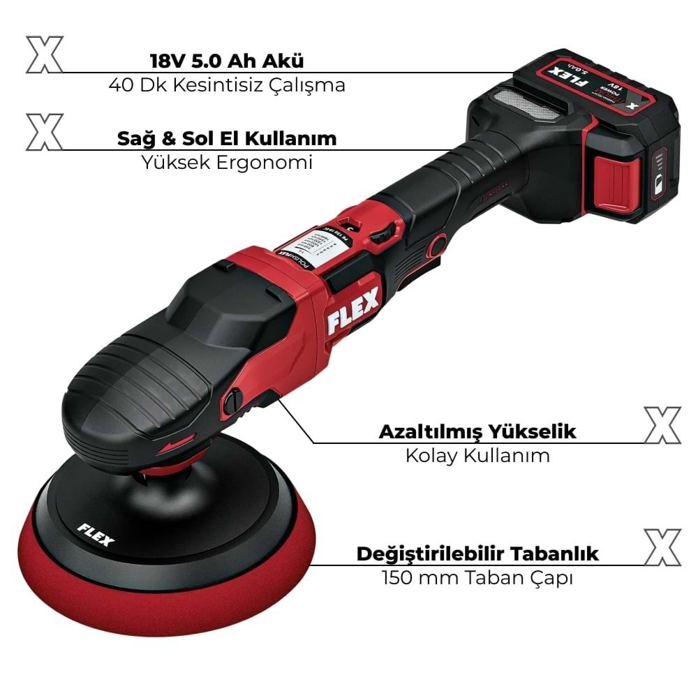 FLEX PE 150 18-EC Set Rotary Çift Akülü Kablosuz Polisaj Makinesi Seti 18V -Kömürsüz Fırçasız Motor