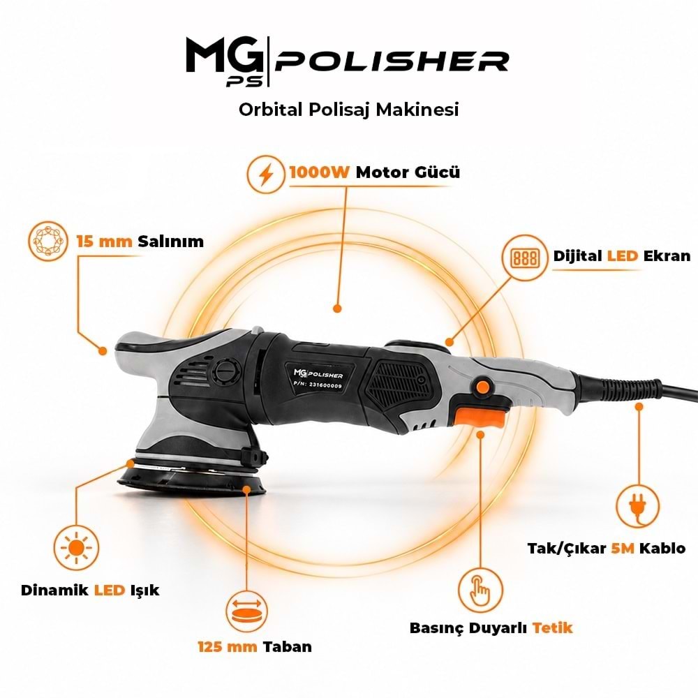 MG|PS MG-OPV001 1000W Orbital Polisaj Makinesi | 15 mm Eksantrik Salınım & Dijital LED Ekran
