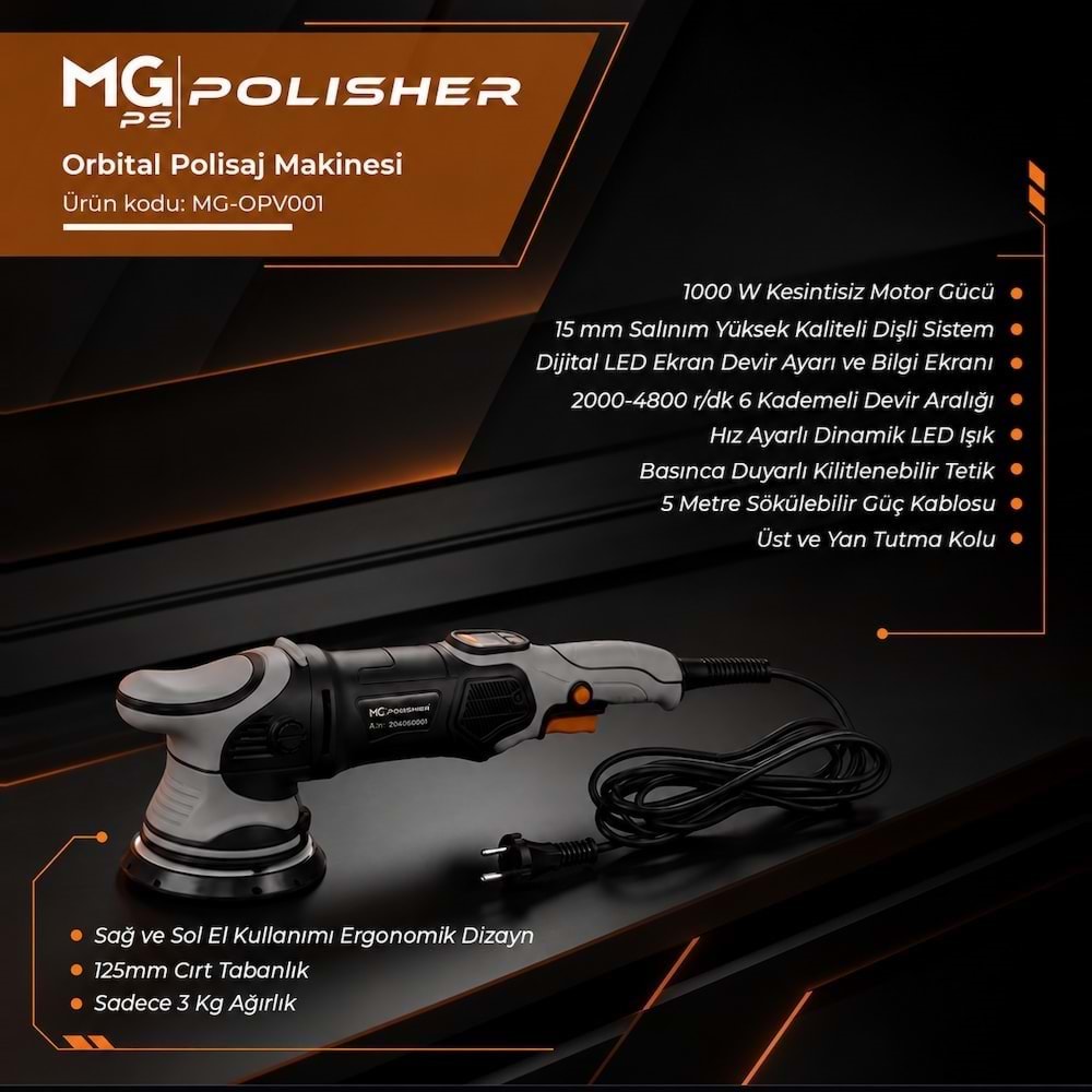MG|PS MG-OPV001 1000W Orbital Polisaj Makinesi | 15 mm Eksantrik Salınım & Dijital LED Ekran