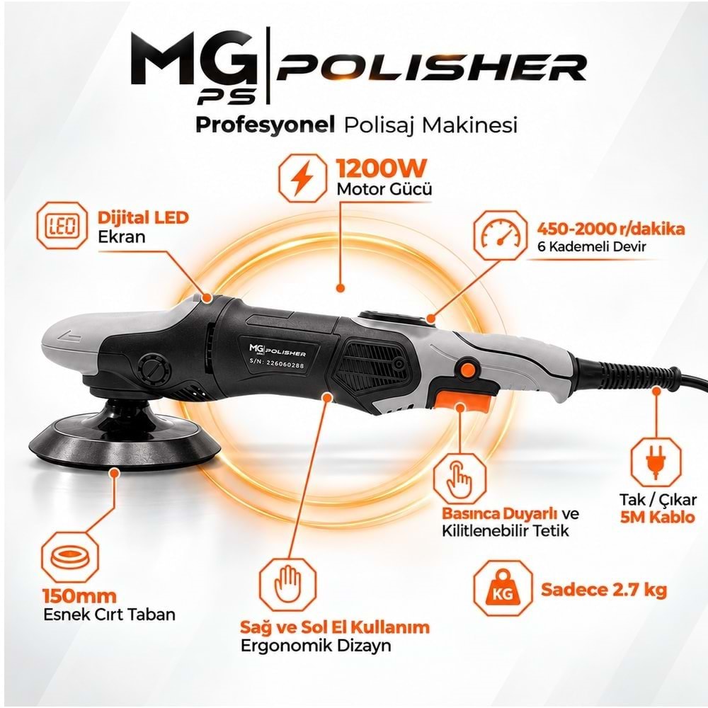 MG|PS MG-RPV002 1200W Rotary Polisaj Makinesi | Dijital LED Ekranlı Profesyonel Pasta Cila Makinesi