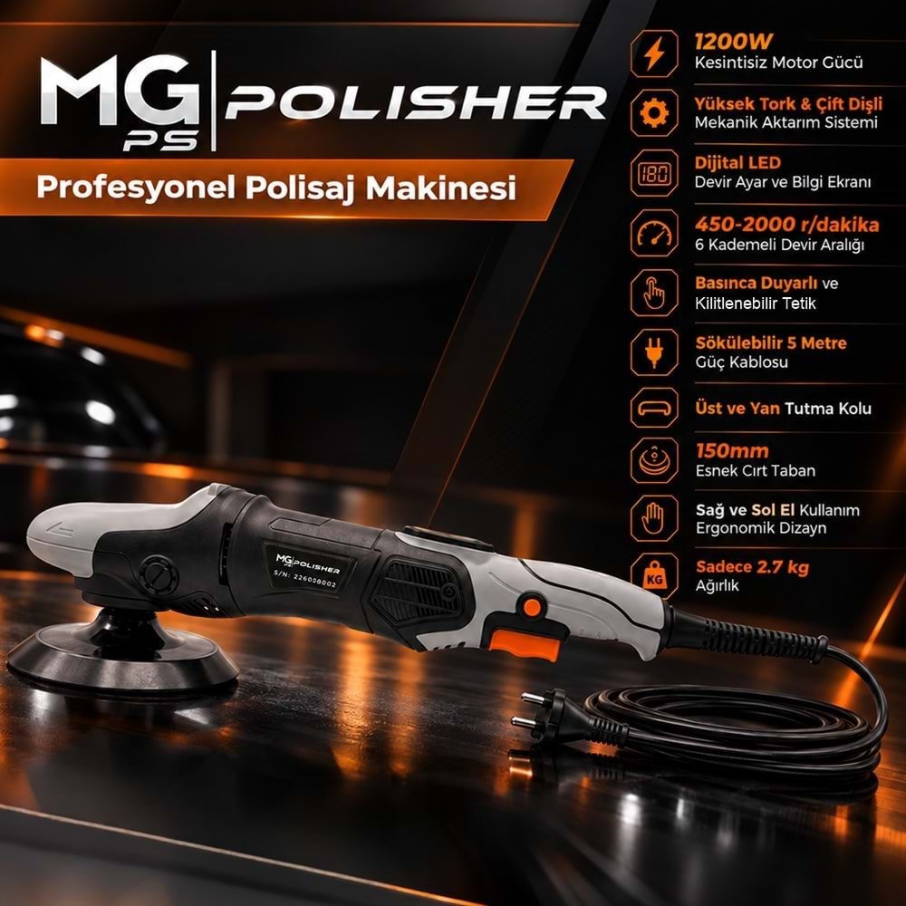 MG|PS MG-RPV002 1200W Rotary Polisaj Makinesi | Dijital LED Ekranlı Profesyonel Pasta Cila Makinesi