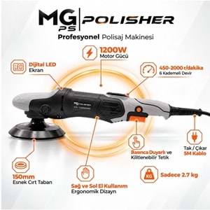 MG|PS MG-RPV002 1200W Rotary Polisaj Makinesi | Dijital LED Ekranlı Profesyonel Pasta Cila Makinesi