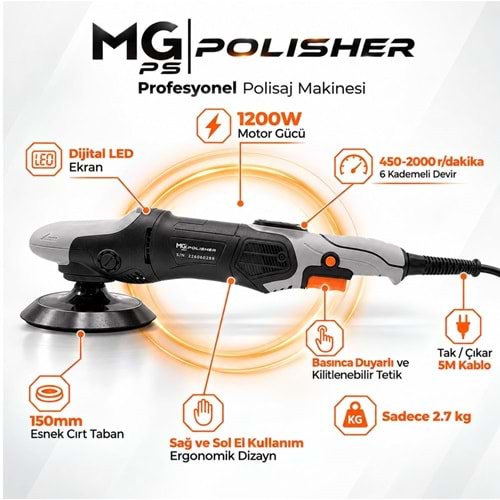 MG|PS MG-RPV002 1200W Rotary Polisaj Makinesi | Dijital LED Ekranlı Profesyonel Pasta Cila Makinesi